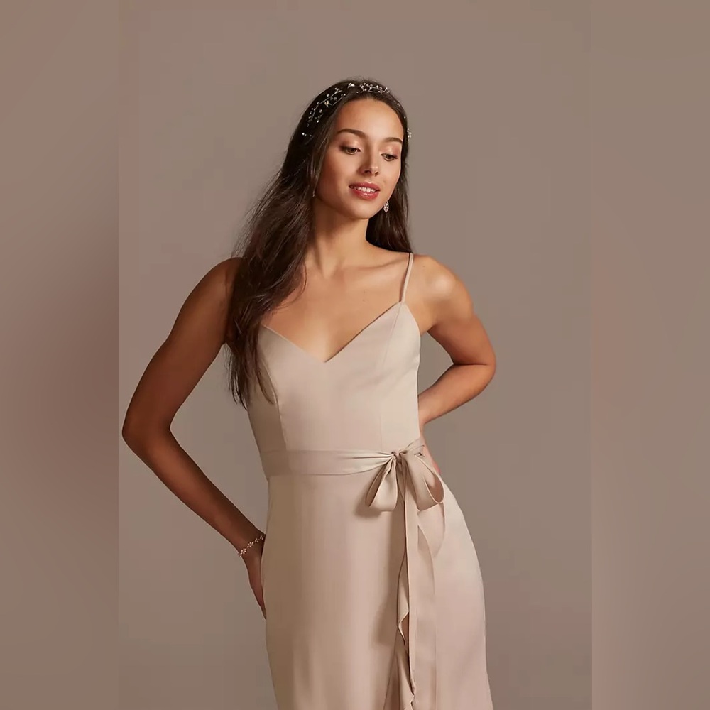 NWT David's Bridal “Biscotti” Ruffle Hem Maxi Dress with Waist Sash